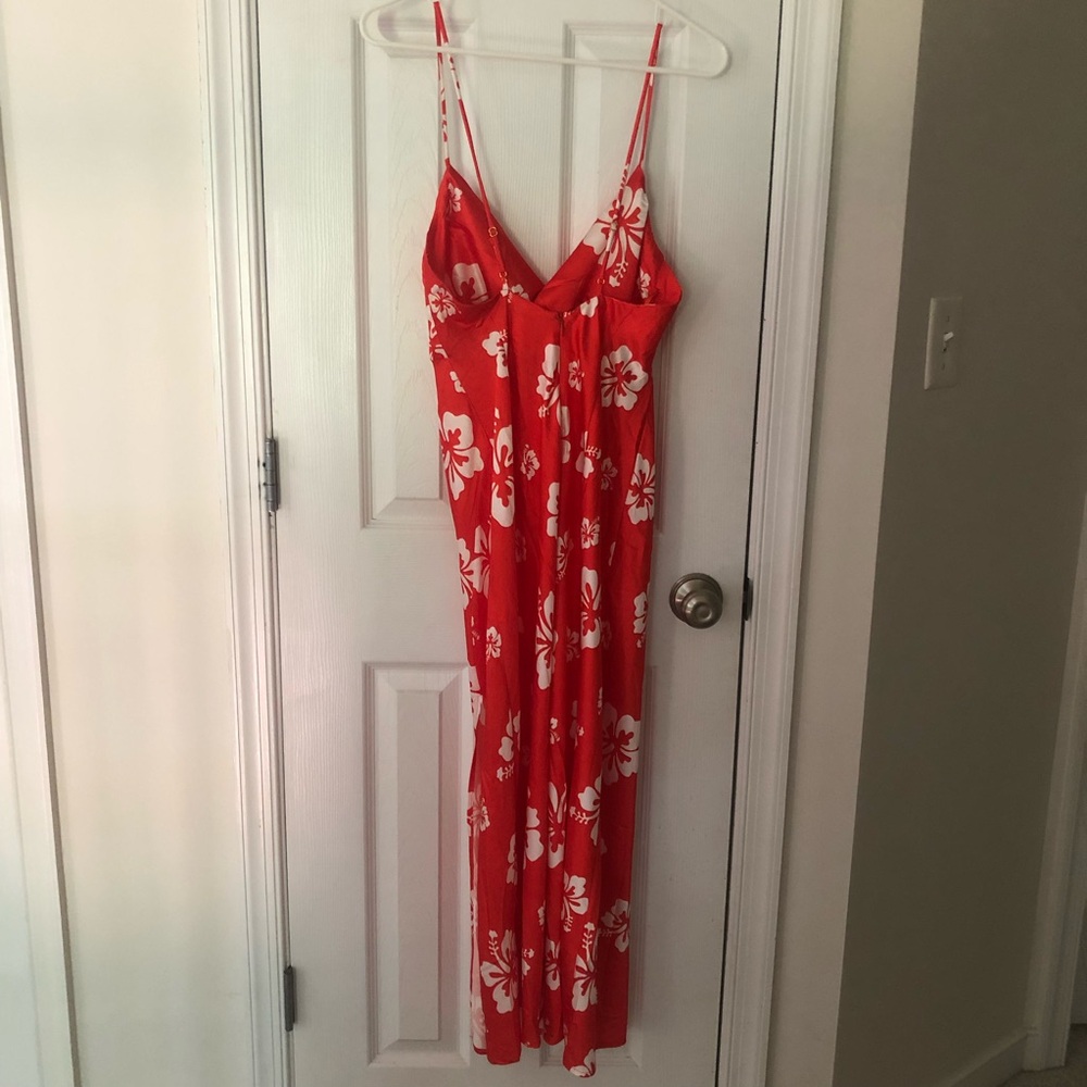 Runaway the label Red White Hawaiian maxi dress spaghetti trap with slit M - Picture 9 of 12